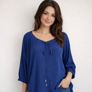 Ann Taylor Blouse Women's Medium Navy Blue Peasant Long Sleeve On Off Shoulder